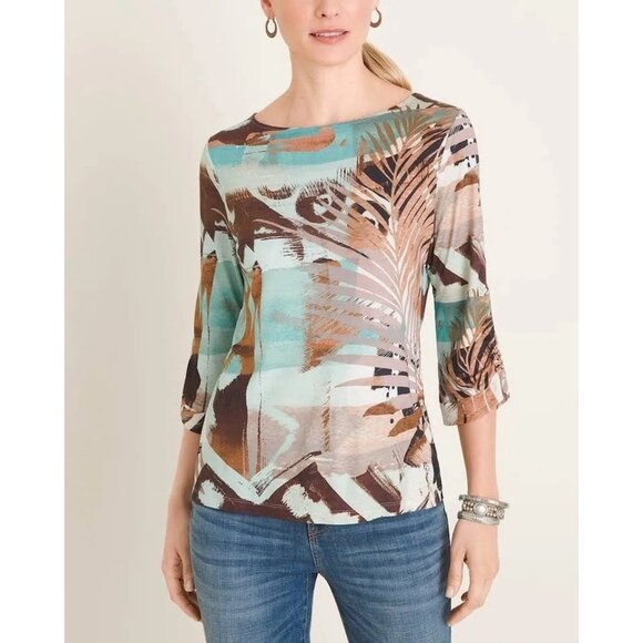 Chicos Blouse Womens Large Large Tribal Pattern Ruched Sleeves Boho Artsy - Picture 1 of 10